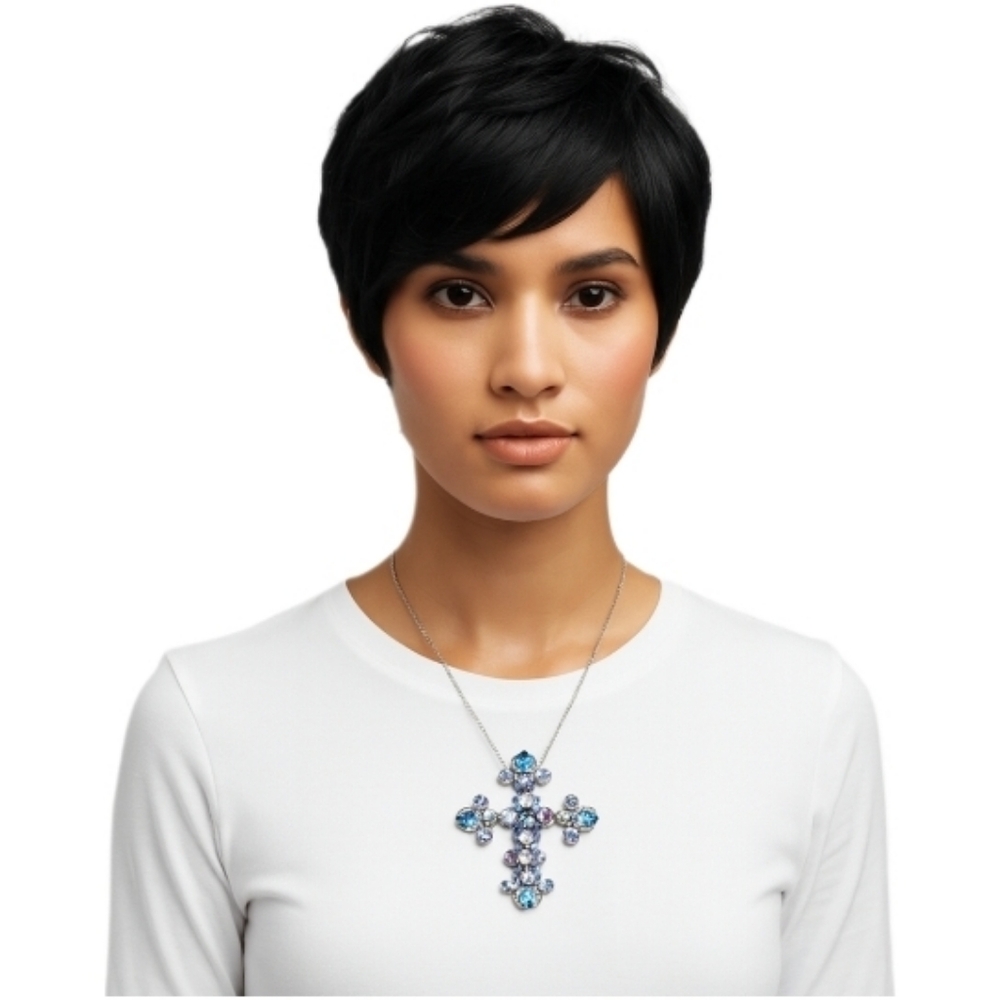 Vintage Rhinestone Cross Brooch Pendant Blue AB Gothic Y2K